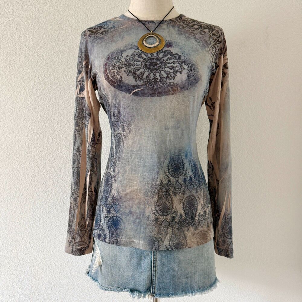 MUSHKA By Sienna Blue Graphic Y2K Grunge Whimsy Fairy Core Long Sleeve Top Sz L
